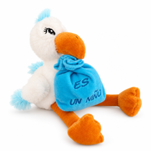 Cigüeña de peluche azul con el mensaje Es un niño