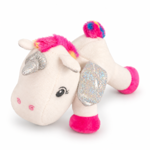 Unicornio de peluche rosa con cuerno y alas plateados